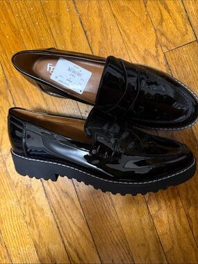 Franco Sarto Black Patent Leather Lug Loafers